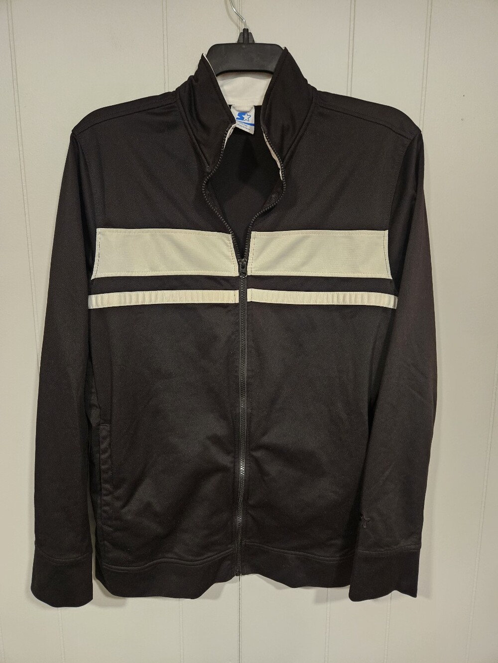 STARTER Men's Large Black White Stretch Knit Full-Zip Warm Up Track Jacket